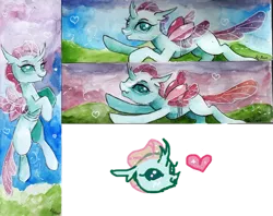 Size: 1024x813 | Tagged: artist:lailyren, artist:moonlight-ki, bookmark, changedling, changeling, cute, derpibooru import, diaocelles, female, flying, heart, ocellus, safe, sky, solo, traditional art, watercolor painting