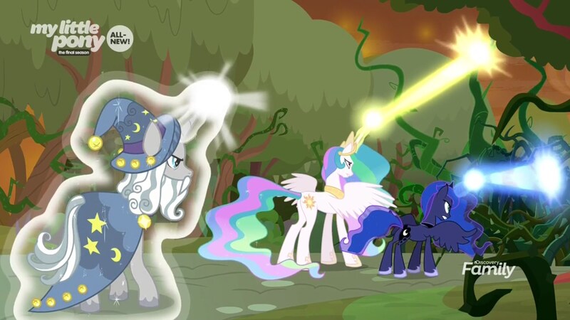 Size: 1920x1080 | Tagged: safe, derpibooru import, screencap, princess celestia, princess luna, star swirl the bearded, alicorn, pony, unicorn, the beginning of the end, beard, blast, cloak, clothes, discovery family logo, facial hair, female, hat, levitation, magic, magic aura, magic beam, magic blast, male, mare, orange sky, royal sisters, self-levitation, stallion, telekinesis, trio, vine, wizard hat