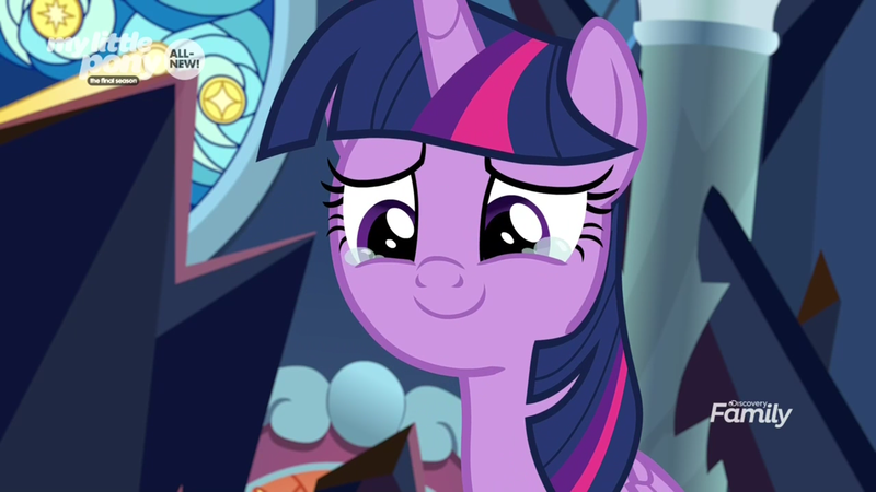 Size: 1920x1080 | Tagged: safe, derpibooru import, screencap, twilight sparkle, twilight sparkle (alicorn), alicorn, pony, the beginning of the end, crying, discovery family logo, female, mare, smiling, solo, tears of joy, teary eyes