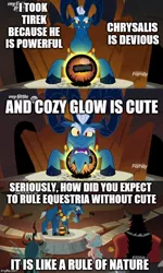 Size: 500x832 | Tagged: safe, derpibooru import, edit, edited screencap, screencap, cozy glow, grogar, lord tirek, queen chrysalis, centaur, changeling, changeling queen, pegasus, pony, sheep, the beginning of the end, caption, cloven hooves, comic, crystal ball, female, filly, foal, grogar's orb, image macro, male, ram, screencap comic, text