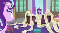 Size: 1920x1080 | Tagged: safe, derpibooru import, screencap, starlight glimmer, twilight sparkle, twilight sparkle (alicorn), alicorn, pony, unicorn, the beginning of the end, concerned, discovery family logo, duo, female, magic, magic aura, mare, telekinesis, twilight's office