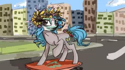 Size: 1920x1080 | Tagged: safe, artist:elisdoominika, derpibooru import, oc, oc:sweet elis, earth pony, pony, bow, bow on tail, city, dia de los muertos, floral head wreath, flower, flower in hair, mexican, pastel, road, skateboard, skull, solo