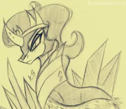 Size: 1694x1454 | Tagged: safe, artist:rossmaniteanzu, derpibooru import, king sombra, pony, unicorn, the beginning of the end, colored horn, crystal, curved horn, horn, male, monochrome, pencil drawing, simple background, sketch, solo, sombra's horn, stallion, traditional art, yellow background
