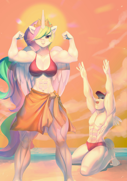 Size: 990x1400 | Tagged: abs, alicorn, anthro, armpits, artist:bakki, beach, biceps, bikini, breasts, bulk biceps, busty princess celestia, clothes, derpibooru import, female, flexing, muscles, partial nudity, pegasus, pose, praise the sun, princess celestia, princess musclestia, sarong, smiling, speedo, suggestive, swimsuit, topless