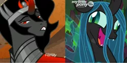 Size: 2000x1000 | Tagged: safe, derpibooru import, edit, edited screencap, screencap, king sombra, queen chrysalis, changeling, changeling queen, pony, unicorn, season 9, the beginning of the end, spoiler:s09, comparison, crazylis, cropped, discovery family logo, faic, female, male, stallion, stupid sexy sombra