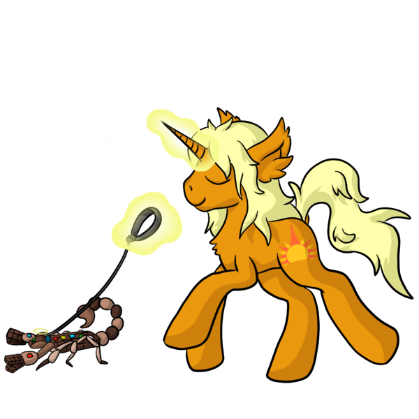 Size: 2000x2000 | Tagged: safe, artist:raktor, derpibooru import, oc, oc:dawnflash, unofficial characters only, pony, scorpion, unicorn, chocolate, chocolate scorpion, collar, food, halo, horn, leash, majestic as fuck, male, pet, pointy horn, sharp horn, solo