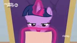 Size: 1280x720 | Tagged: safe, derpibooru import, screencap, twilight sparkle, twilight sparkle (alicorn), alicorn, pony, the beginning of the end, discovery family logo, letter, lidded eyes, magic, magic aura, solo