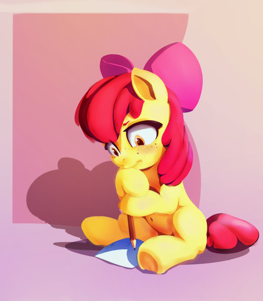 Size: 980x1120 | Tagged: safe, artist:drafthoof, artist:klemm, derpibooru import, apple bloom, earth pony, pony, abstract background, belly button, collaboration, fanfic art, female, filly, freckles, frown, paper, pencil, sitting, solo, underhoof, writing