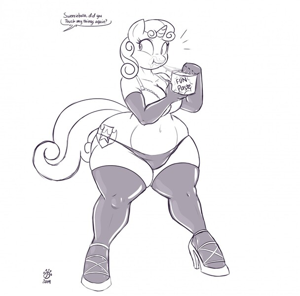 Size: 1280x1263 | Tagged: anthro, artist:badgerben, belly button, bra, breasts, busty sweetie belle, clothes, curvy, derpibooru import, dialogue, female, fetish, fun paste, gloves, high heels, hyper, implied rarity, latex, lineart, long gloves, monochrome, older, older sweetie belle, panties, plump, questionable, rubber, sequence, shoes, simple background, sloppy, socks, solo, solo female, stockings, sweetie belle, thigh highs, underwear, unguligrade anthro, white background, wide hips