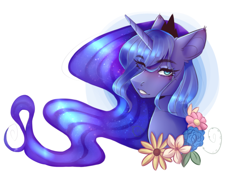 Size: 2008x1505 | Tagged: safe, artist:dawndream2003, artist:sugarynoodle, derpibooru import, princess luna, pony, bust, collaboration, crown, cute, ear fluff, ethereal mane, eye clipping through hair, flower, head only, jewelry, lunabetes, portrait, regalia, simple background, solo, starry mane, transparent background