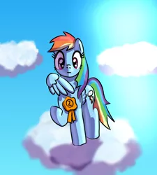 Size: 914x1014 | Tagged: safe, artist:platinumdrop, derpibooru import, rainbow dash, pegasus, pony, cloud, on a cloud, ribbon, second place, shadow, solo, standing on cloud