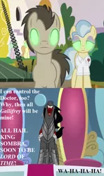 Size: 513x864 | Tagged: safe, derpibooru import, edit, edited screencap, screencap, carrot top, doctor fauna, doctor whooves, golden harvest, king sombra, time turner, pony, the beginning of the end, canterlot, cropped, dialogue, doctor who, drawbridge, evil laugh, glowing eyes, laughing, mind control, sombrafied, throne room, wolf teeth