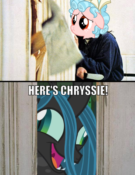 Size: 617x799 | Tagged: safe, derpibooru import, edit, edited screencap, screencap, cozy glow, queen chrysalis, changeling, changeling queen, pegasus, pony, the beginning of the end, axe, crazylis, derp, fangs, female, filly, here's johnny, insanity, knife, text, the shining, weapon