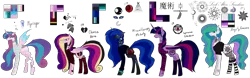 Size: 9999x3118 | Tagged: safe, artist:moonlight0shadow0, derpibooru import, oc, oc:angsty emocore, oc:clausa vera, oc:misanthropy melody, oc:myringa, oc:soprano shadow, unofficial characters only, alicorn, bat pony, bat pony alicorn, changeling, earth pony, pegasus, pony, unicorn, vampire, alicorn oc, band, bat pony oc, bat wings, changeling oc, chinese text, choker, clothes, curved horn, fangs, female, fishnets, flannel, heart, hoodie, horn, horn ring, jewelry, lip piercing, look-alike, markings, messy mane, necklace, nose piercing, nose ring, not cadance, not celestia, not flurry heart, not luna, not twilight sparkle, piercing, reference sheet, ring, siblings, simple background, sisters, socks, spiked choker, striped socks, tattoo, transparent background, wall of tags, wing piercing, wings, wristband