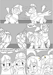 Size: 6271x8921 | Tagged: safe, artist:cactuscowboydan, author:bigonionbean, derpibooru import, caboose, full steam, promontory, silver lining, silver zoom, sunburst, oc, oc:air brakes, oc:nova reactor, earth pony, hybrid, pegasus, pony, unicorn, comic:fusing the fusions, comic:the bastion of canterlot, argument, body horror, booty had me like, butt, canterlot, canterlot castle, cape, clothes, comic, commissioner:bigonionbean, conductor hat, confusion, cutie mark, dat ass was fat, dat butt, dialogue, facial hair, fat ass, flank, fusion, fusion:air brakes, fusion:nova reactor, goggles, gymnasium, hat, jiggle, jiggling, magic, male, meme, plot, potion, shirt, shocked, shocked expression, sketch, spread wings, stallion, swelling, tail wag, thicc ass, uniform, unshaven, wings, wonderbolts, wonderbolts uniform