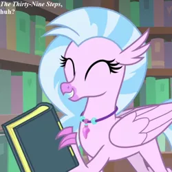 Size: 720x720 | Tagged: book, cropped, cute, derpibooru import, dialogue, diastreamies, edit, edited screencap, jewelry, necklace, safe, screencap, silverstream, spoiler:interseason shorts, stairs, starlight the hypnotist, that hippogriff sure does love stairs, the thirty-nine steps