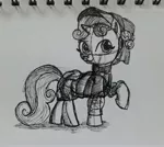 Size: 2746x2448 | Tagged: safe, artist:rockhoppr3, derpibooru import, sweetie belle, pony, clothes, hat, lineart, monochrome, raised hoof, sketch, solo, traditional art