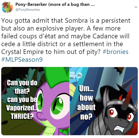 Size: 570x565 | Tagged: bridle gossip, coup d'etat, derpibooru import, edit, edited screencap, editor:pony-berserker, hashtag, impact font, king sombra, meme, meta, oc, oc:berzie, safe, screencap, spike, the beginning of the end, twitter