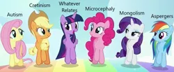 Size: 1015x419 | Tagged: safe, derpibooru import, edit, edited screencap, screencap, applejack, fluttershy, pinkie pie, rainbow dash, rarity, twilight sparkle, twilight sparkle (alicorn), alicorn, pony, all bottled up, asperger's syndrome, autism, caption, cretinism, down syndrome, image macro, microcephaly, text