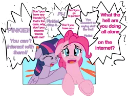 Size: 1200x967 | Tagged: safe, artist:yukkuripalehorse, derpibooru import, pinkie pie, twilight sparkle, twilight sparkle (alicorn), alicorn, earth pony, pony, breaking the fourth wall, crying, dialogue, eyes closed, feels, female, floppy ears, fourth wall, implied human, lonely, looking at you, mare, offscreen character, sad, she knows, simple background, talking to viewer, they know, transparent background, underhoof, vulgar