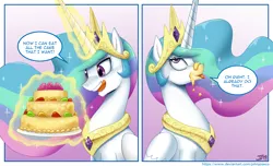 Size: 1500x911 | Tagged: safe, artist:johnjoseco, derpibooru import, princess celestia, alicorn, pony, ask gaming princess luna, the beginning of the end, :p, cake, cakelestia, collar, comic, crown, cute, cutelestia, dialogue, eyeroll, eyes on the prize, female, food, gradient background, jewelry, levitation, licking, licking lips, lidded eyes, looking up, magic, majestic as fuck, mare, messy eating, necklace, open mouth, regalia, silly, sitting, smiling, smirk, solo, speech bubble, telekinesis, tiara, tongue out