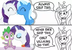 Size: 916x637 | Tagged: safe, derpibooru import, edit, editor:mega-poneo, princess cadance, rarity, spike, trixie, dragon, pony, unicorn, always ship this, exploitable meme, eyes closed, female, fire ruby, gem, happy, kissing, lesbian, male, mare, meme, my hero academia, nuzzling, princess of shipping, rarixie, ruby, shipping, snuggling, sparity, straight