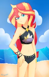 Size: 2106x3264 | Tagged: safe, artist:xan-gelx, derpibooru import, sunset shimmer, equestria girls, equestria girls series, beach, belly button, bikini, clothes, cute, female, ocean, sand, shimmerbetes, sleeveless, solo, stupid sexy sunset shimmer, swimsuit
