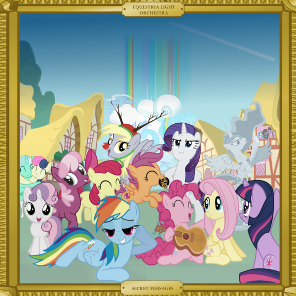 Size: 2000x2000 | Tagged: safe, artist:grapefruitface1, derpibooru import, apple bloom, bon bon, cheerilee, derpy hooves, fluttershy, lyra heartstrings, octavia melody, pinkie pie, princess luna, rainbow dash, rarity, scootaloo, sweetie belle, sweetie drops, twilight sparkle, vinyl scratch, oc, oc:electric light (jeff lynne pony), ponified, pony, unicorn, album cover, animal costume, clothes, cloudsdale, costume, cuddling, cutie mark crusaders, electric light orchestra, elo, equestria light orchestra, frame, guitar, musical instrument, ponified album cover, ponyville, rainbow, reindeer costume, statue, unicorn twilight, various artists