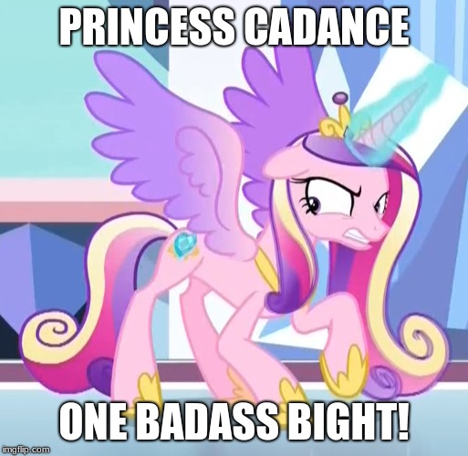 Size: 513x500 | Tagged: safe, derpibooru import, edit, edited screencap, screencap, princess cadance, alicorn, pony, the beginning of the end, angry, badass, cadance is not amused, caption, colored wings, cropped, crystal, female, fighting stance, glowing horn, gradient wings, gritted teeth, horn, image macro, magic, magic aura, mare, solo, spread wings, text, unamused, vulgar, wings