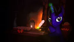 Size: 5760x3240 | Tagged: safe, artist:lagmanor, derpibooru import, oc, oc:lagmanor amell, unofficial characters only, pony, unicorn, 3d, book, bookshelf, cup, fireplace, food, hoof under chin, lantern, looking at you, magic, male, smiling, smirk, solo, source filmmaker, stallion, strawberry, teacup, telekinesis, thinking