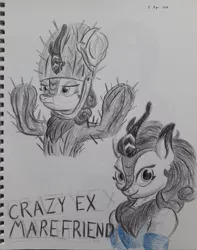 Size: 2448x3107 | Tagged: artist:rockhoppr3, autumn blaze, cactus, clothes, costume, crazy ex-girlfriend, derpibooru import, dress, duality, female, kirin, monochrome, neo noir, partial color, rachel bloom, safe, solo, sounds of silence, traditional art, voice actor joke