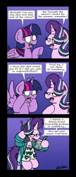 Size: 1299x3007 | Tagged: safe, artist:bobthedalek, derpibooru import, starlight glimmer, twilight sparkle, twilight sparkle (alicorn), alicorn, pony, unicorn, the beginning of the end, bathrobe, ben and jerrys, clothes, comic, duo, female, food, heart, heart print underwear, ice cream, implied trixie, mare, messy mane, phone, purple background, robe, simple background, speech bubble, underwear