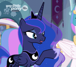 Size: 527x464 | Tagged: safe, derpibooru import, screencap, princess celestia, princess luna, pony, the beginning of the end, animated, crown, cute, gif, hoof shoes, jewelry, lunabetes, one eye closed, regalia, solo focus, wink