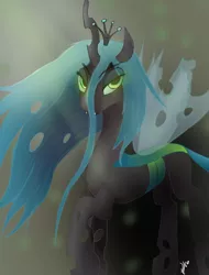 Size: 1600x2100 | Tagged: artist:vladislav_180, changeling, changeling queen, crown, dark background, derpibooru import, eye clipping through hair, fangs, female, glowing eyes, green eyes, jewelry, lidded eyes, looking at you, queen chrysalis, regalia, safe, smiling, solo