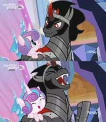 Size: 1224x1400 | Tagged: safe, derpibooru import, edit, edited edit, edited screencap, screencap, king sombra, princess flurry heart, pony, unicorn, the beginning of the end, :t, alternate scenario, bad end, cute, duo, equestria is doomed, evil flurry heart, evil laugh, eye contact, eyes closed, female, flurrybetes, foal, frown, glare, happy, holding a pony, hoof hold, laughing, lidded eyes, looking at each other, male, open mouth, smiling, smirk, stallion, uncle sombra