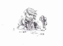 Size: 2464x1824 | Tagged: grimdark, artist:wisdom-thumbs, derpibooru import, oc, oc:littlepip, unofficial characters only, pony, unicorn, fallout equestria, fanfic, black and white, blood, blood on face, blood on the floor, bullet hole, clothes, fanfic art, female, floppy ears, glowing horn, grayscale, gritted teeth, gun, handgun, hooves, horn, levitation, little macintosh, magic, mare, monochrome, optical sight, pipbuck, revolver, simple background, sitting, solo, teeth, telekinesis, traditional art, vault suit, weapon, white background