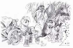 Size: 2812x1840 | Tagged: safe, artist:wisdom-thumbs, derpibooru import, oc, oc:sworn shield, unofficial characters only, donkey, earth pony, pony, black and white, clothes, glasses, grayscale, hammer, hooves, male, monochrome, stallion, sword, traditional art, tree, weapon