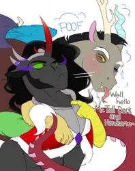 Size: 2002x2529 | Tagged: safe, artist:evehly, derpibooru import, discord, king sombra, draconequus, pony, unicorn, blushing, dialogue, duo, gay, implied gay, male, one eye closed, shipping, sombra eyes, sombracord, wink