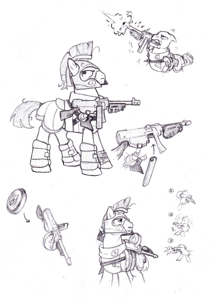 Size: 2276x3201 | Tagged: safe, artist:wisdom-thumbs, derpibooru import, oc, unofficial characters only, earth pony, pony, armor, black and white, floppy ears, grayscale, gun, hooves, male, monochrome, mouth hold, shooting, simple background, stallion, tommy gun, traditional art, weapon, white background