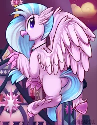 Size: 2163x2800 | Tagged: safe, artist:shibaroll, deleted from derpibooru, derpibooru import, silverstream, classical hippogriff, hippogriff, pony, butt, colored pupils, cute, cutie saturday, diastreamies, digital art, fluffy, heart eyes, open mouth, school, solo, streambutt, sunset, wingding eyes, wings