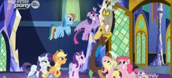 Size: 1865x850 | Tagged: safe, derpibooru import, screencap, applejack, discord, fluttershy, pinkie pie, rainbow dash, rarity, spike, starlight glimmer, twilight sparkle, twilight sparkle (alicorn), alicorn, draconequus, dragon, earth pony, pegasus, pony, unicorn, the beginning of the end, big eyes, cropped, crystal, cute, door, female, flying, grin, male, mane seven, mane six, mare, pleading, smiling, twiabetes, twilight's castle