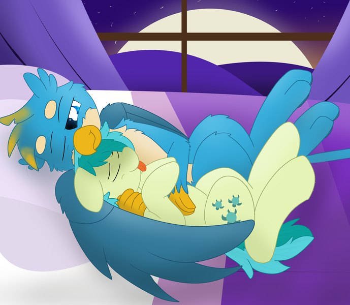 Size: 2927x2550 | Tagged: safe, artist:skyflys, derpibooru import, gallus, sandbar, earth pony, gryphon, pony, bed, cuddling, cute, cutie mark, gallabetes, gallbar, gay, male, one eye open, paws, sandabetes, shipping, sleeping, snuggling, teenager, tongue out