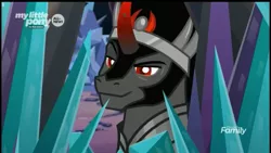Size: 1280x720 | Tagged: safe, derpibooru import, screencap, king sombra, pony, unicorn, the beginning of the end, crystal, cute, discovery family logo, male, pure unfiltered evil, smug, solo, sombradorable, stallion