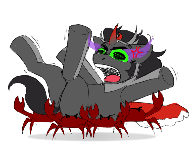 Size: 2000x1578 | Tagged: safe, artist:dino_horse, deleted from derpibooru, derpibooru import, king sombra, crab, pony, unicorn, the beginning of the end, angry, crab rave, cross-popping veins, king sombra is dead, meme, rest in peace, screaming, solo, sombra eyes