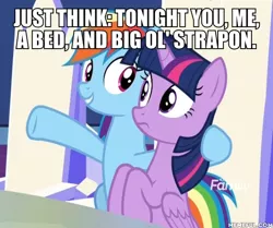 Size: 600x501 | Tagged: suggestive, derpibooru import, edit, edited screencap, screencap, rainbow dash, twilight sparkle, twilight sparkle (alicorn), alicorn, pegasus, pony, the beginning of the end, caption, female, image macro, impact font, implied lesbian, implied sex, implied shipping, implied twidash, innuendo, mare, text