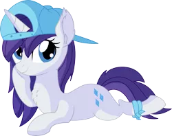 Size: 8710x6884 | Tagged: safe, artist:cyanlightning, derpibooru import, rarity, pony, unicorn, .svg available, absurd resolution, alternate hairstyle, backwards ballcap, baseball cap, cap, chest fluff, disguise, ear fluff, female, hat, looking at you, mare, plainity, prone, simple background, solo, transparent background, vector