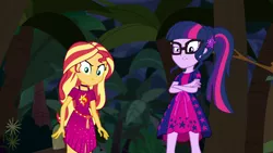 Size: 1920x1080 | Tagged: safe, derpibooru import, screencap, sci-twi, sunset shimmer, twilight sparkle, equestria girls, equestria girls series, spring breakdown, spoiler:eqg series (season 2), crossed arms, female, geode of empathy, geode of telekinesis, glasses, magical geodes, ponytail