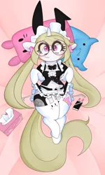 Size: 2400x4000 | Tagged: suggestive, artist:fullmetalpikmin, derpibooru import, oc, oc:cherry blossom, pony, adorasexy, belly button, both cutie marks, bunny ears, clothes, cute, glasses, gloves, maid, panties, pillow, sexy, skirt, skirt lift, socks, stockings, thigh highs, underwear