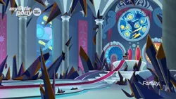 Size: 1920x1080 | Tagged: safe, derpibooru import, screencap, king sombra, pony, unicorn, the beginning of the end, canterlot castle, canterlot throne room, crystal, dark crystal, male, scenery, stained glass, stallion, throne, throne room