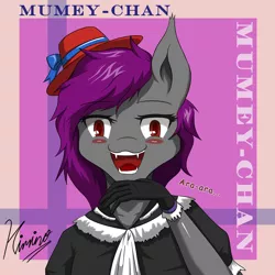 Size: 2204x2204 | Tagged: safe, artist:kiminofreewings, derpibooru import, oc, oc:mumey chan, anthro, bat pony, artwork, bat pony oc, bat wings, beautiful, bust, clothes, costume, cute, hat, looking at you, original art, purple, red eyes, signature, simple background, smiley face, solo, talking, wings